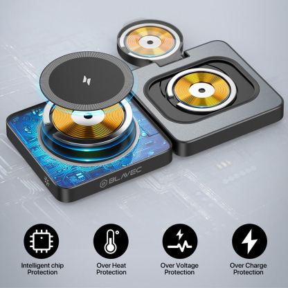 Тройна поставка (пад) за безжично зареждане за iPhone с MagSafe, Apple Watch, AirPods и Qi съвместими мобилни устройства - Blavec BQI-04 3-in-1 Foldable Fast Wireless Charger 15W (черен) 5