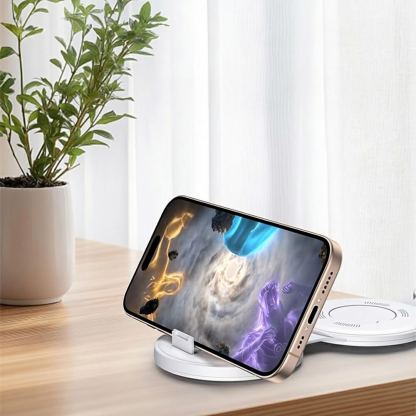Сгъваема двойна поставка (пад) за безжично зареждане за iPhone с MagSafe и Apple Watch - Yesido Foldable Wireless Charging Station (бял) 4