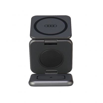 Тройна поставка (пад) за безжично зареждане за iPhone с MagSafe, Apple Watch, AirPods и Qi съвместими мобилни устройства - Audi 3-in-1 Wireless Charger Foldable Gray Big Logo 22.5W (черен) 2