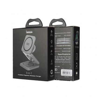 Тройна поставка (пад) за безжично зареждане за iPhone с MagSafe, Apple Watch, AirPods и Qi съвместими мобилни устройства - Audi 3-in-1 Wireless Charger Foldable Gray Big Logo 22.5W (черен) 9