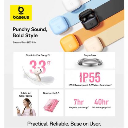 Безжични слушалки със зареждащ кейс - Baseus Bowie Bass BS2 Lite TWS In-Ear Bluetooth Earbuds (A0010A02) (черен) 7