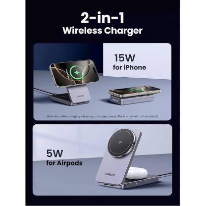 Двойна поставка (пад) за безжично зареждане за iPhone с Magsafe и AirPods - Ugreen Qi2 MagSafe 2-in-1 Inductive Charger 20W (тъмносив) 3