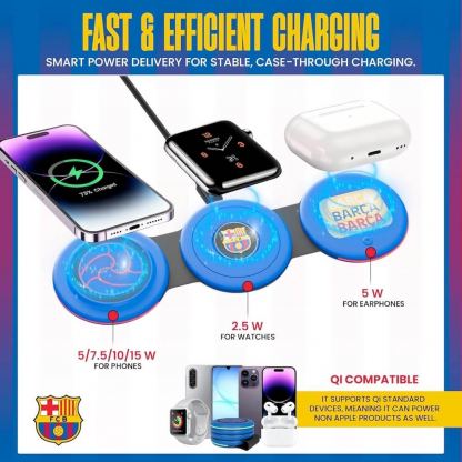 Тройна поставка (пад) за безжично зареждане на iPhone с Magsafe, Apple Watch и Qi съвместими устройства - FC Barcelona Official 3-in-1 Folding MagSafe Wireless Charger 15W (син) 8