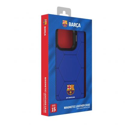 Дизайнерски кожен кейс с MagSafe за iPhone 15 Pro Max - FC Barcelona Official Magnetic Leather Case (син) 5