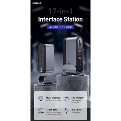 Baseus Working Station 17-in-1 USB-C Hub - мултифункционален хъб за свързване на допълнителна периферия за Macbook и USB-C устройства (сив) 4