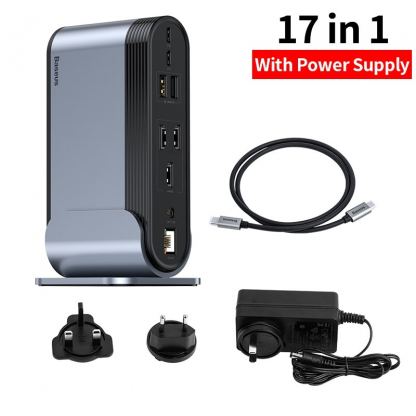 Baseus Working Station 17-in-1 USB-C Hub - мултифункционален хъб за свързване на допълнителна периферия за Macbook и USB-C устройства (сив) 14