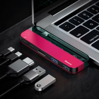 Baseus Transparent Series USB-C Hub CAHUB-TD09 - мултифункционален хъб за свързване на допълнителна периферия за устройства с USB-C (червен) 2
