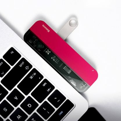 Baseus Transparent Series USB-C Hub CAHUB-TD09 - мултифункционален хъб за свързване на допълнителна периферия за устройства с USB-C (червен) 5