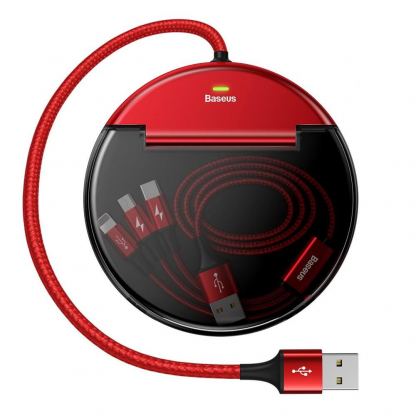 Baseus Car Sharing Charging Station - кутия за организране на кабели с USB изходи и универсален 3-в-1 USB кабел с Lightning, microUSB и USB-C конектори (червен)