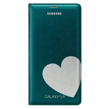 Samsung Flip Moschino - дизайнерски оригинален кожен калъф за Samsung Galaxy S5 SM-G900 (зелен-сребрърно сърце) 2