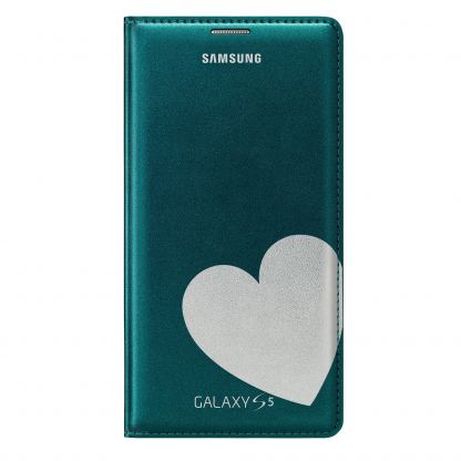 Samsung Flip Moschino - дизайнерски оригинален кожен калъф за Samsung Galaxy S5 SM-G900 (зелен-сребрърно сърце) 3