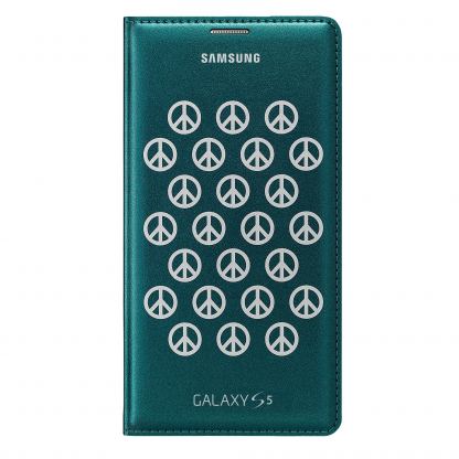 Samsung Flip Moschino - дизайнерски оригинален кожен калъф за Samsung Galaxy S5 SM-G900 (зелен-сребрист) 3