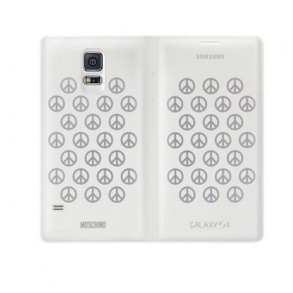 Samsung Flip Moschino - дизайнерски оригинален кожен калъф за Samsung Galaxy S5 SM-G900 (бял-сребрист) 2