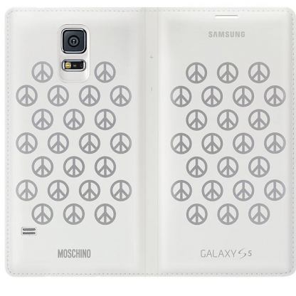 Samsung Flip Moschino - дизайнерски оригинален кожен калъф за Samsung Galaxy S5 SM-G900 (бял-сребрист) 3
