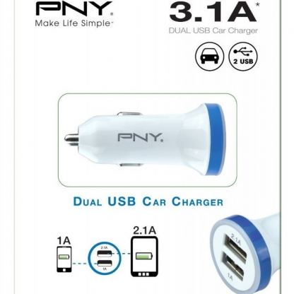 PNY Dual USB Car Charger 3.1A (1x1A и 1x2.1A) - зарядно за кола с два USB изхода за смартфони и таблети 2